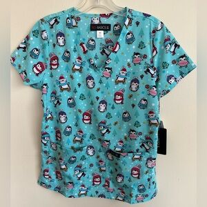 Koi Teal Penguin Print Scrub Top